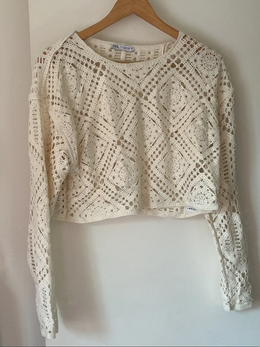 Zara Cream Crochet Long-Sleeve Crop Top